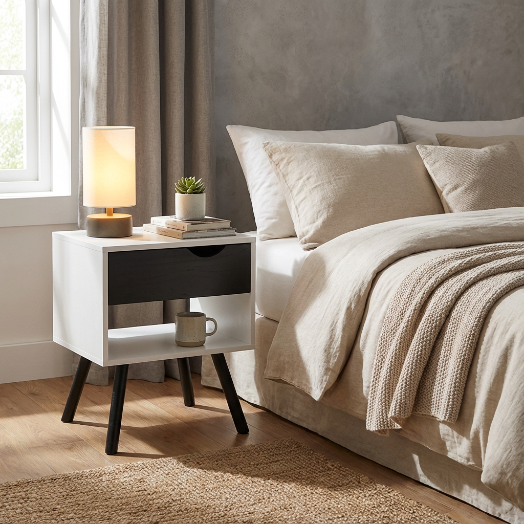 Buró Vilcova mostrandose en una recámara junto a una cama, teniendo como accesorios lámpara, libro y taza.