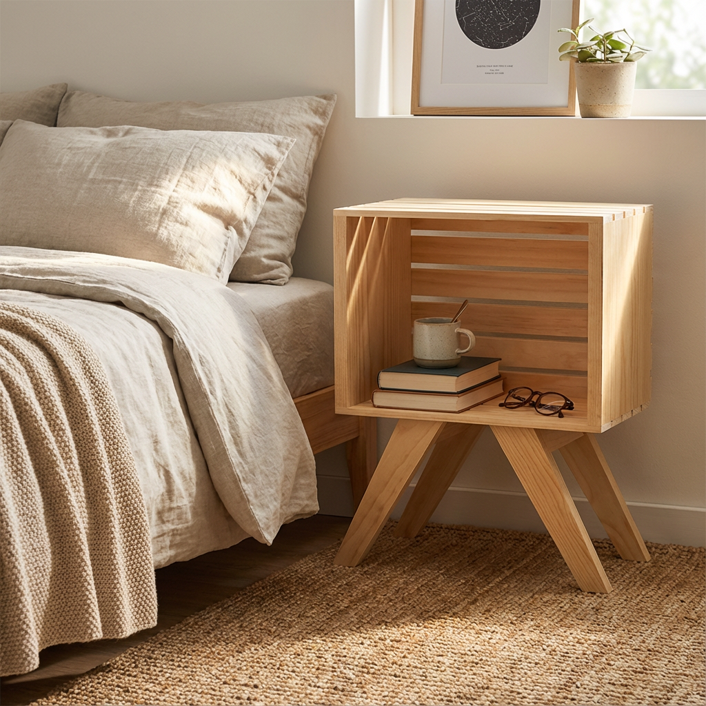 Buró Paolo dentro de una recámara junto a una cama, dando un estilo natural.