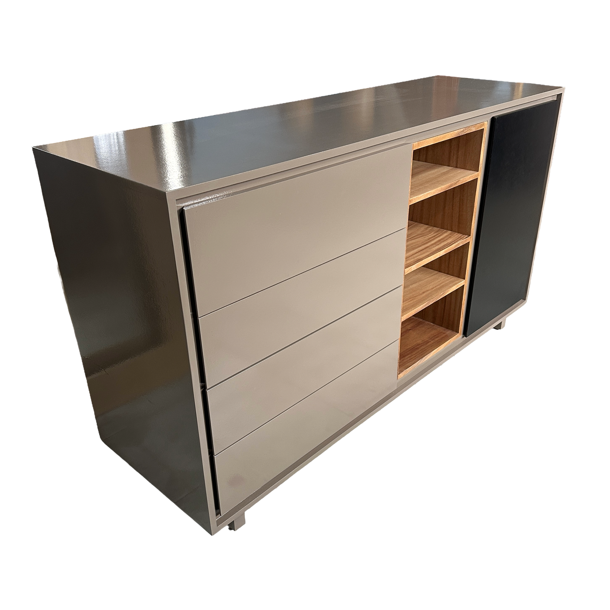 Cajonera con vista lateral, viendo a detalle el acabado del mueble.