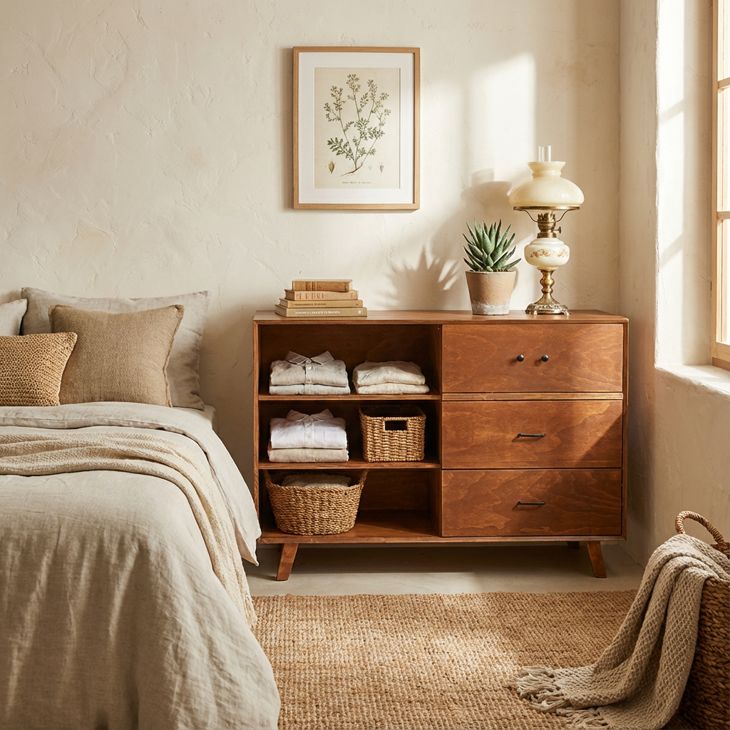 Cómoda Córdoba, dentro de una habitación, combinando colores, con accesorios para ver su funcionamiento. 