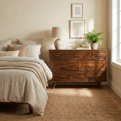 Cómoda Graz, mueble con cajones integrados en color café barnizado oscuro, adaptado a una recámara, dandole estilo.