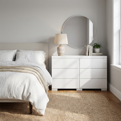 Cómoda Kiev, cajonera en color blanco con seis compartimientos de almacenamiento, en una recámara dando un estilo moderno.