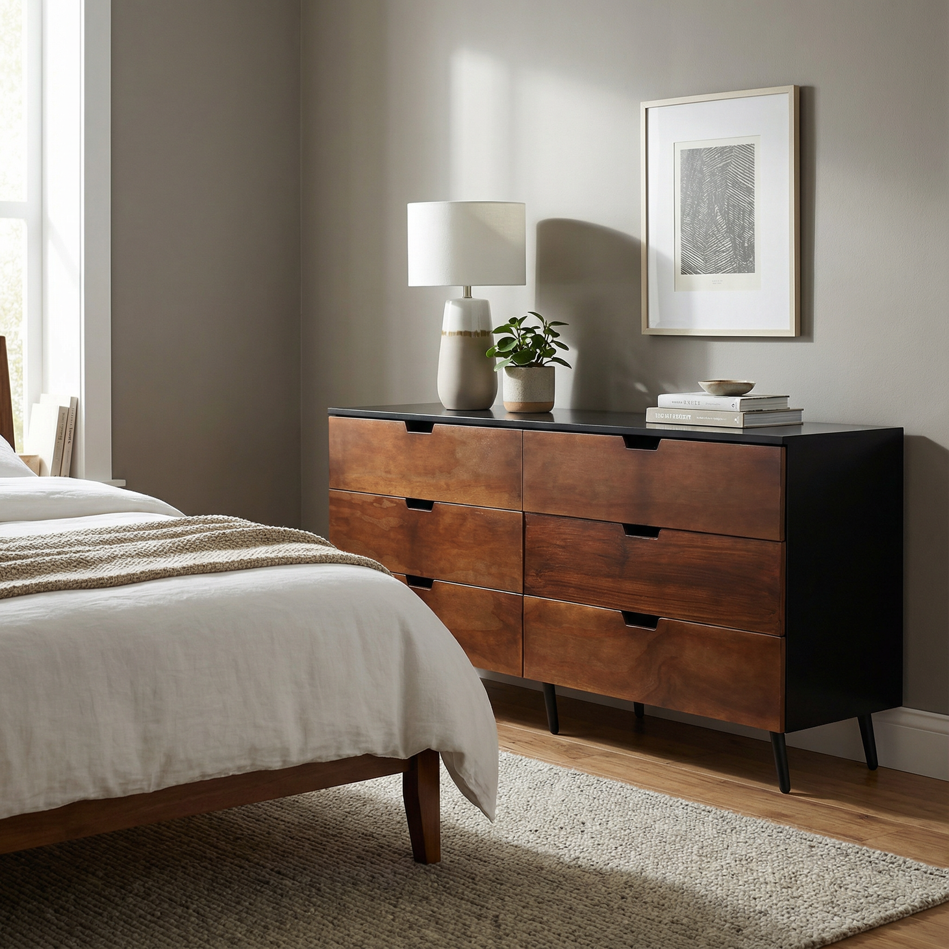 Cómoda Toledo, junto a una cama,con seis cajones en color café y acabados en color obscuro.