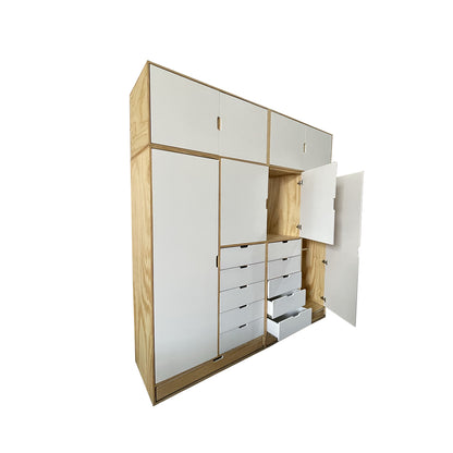 Closet estilo nórdico Malmo, vista lateral frontal mostrando los detalles y funcionamiento de cajones y puertas.