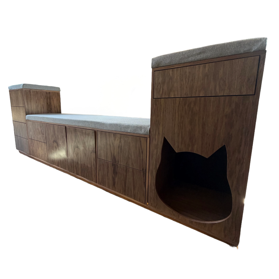Mueble diván con vista lateral, cuenta con un espcacio para mascota. 