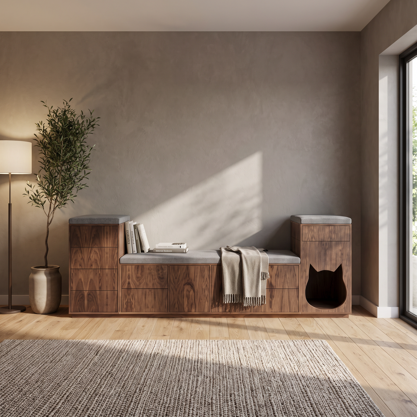 Mueble diván con cajones, asiento acolchonado y espacio para mascota. 