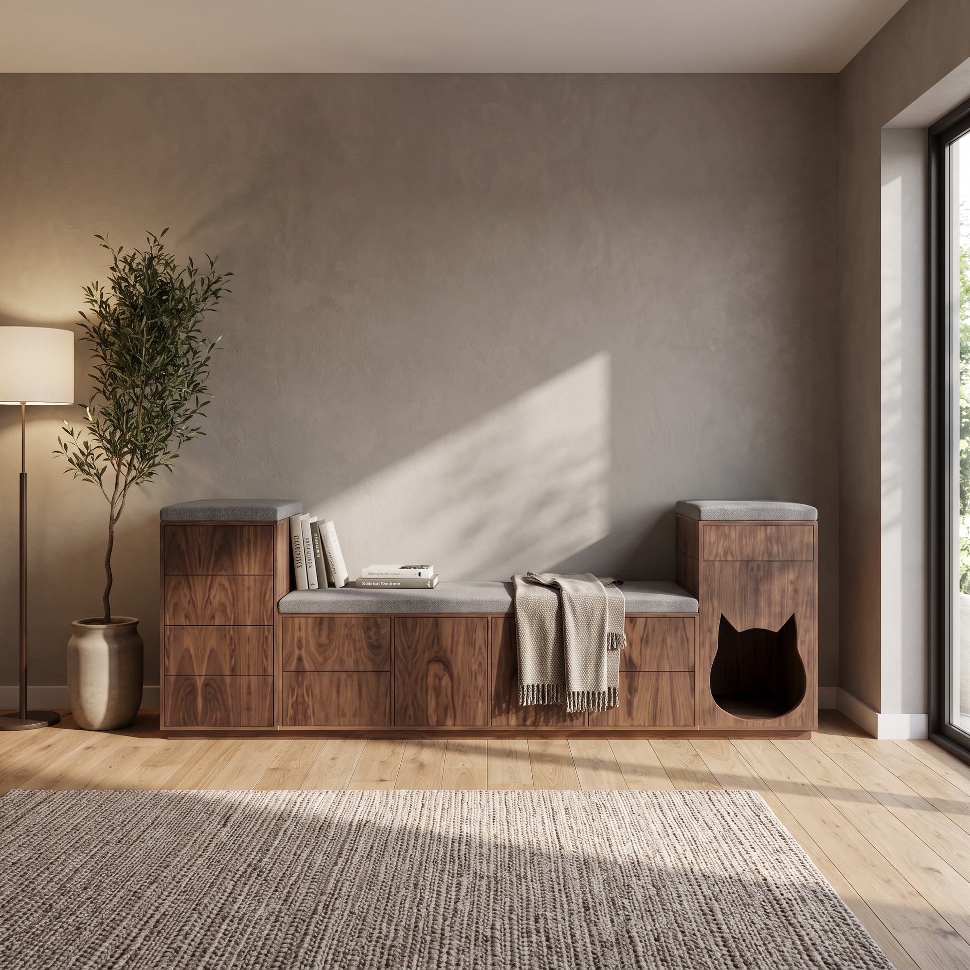 Mueble diván con cajones, asiento acolchonado y espacio para mascota. 