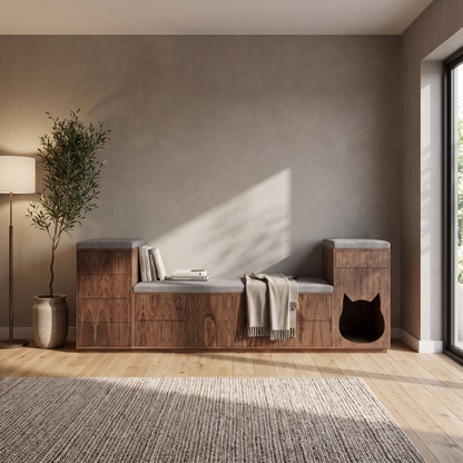 Mueble diván con cajones, asiento acolchonado y espacio para mascota. 