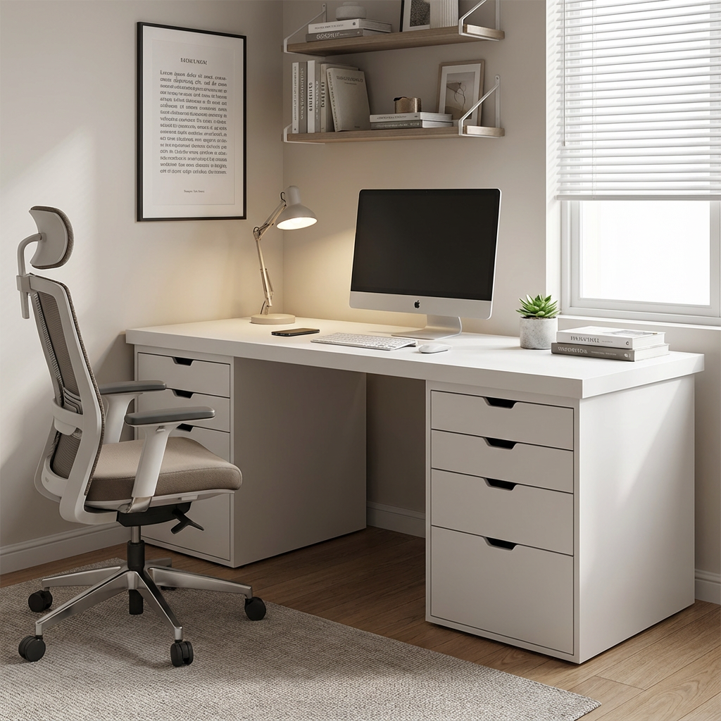 Escritorio Lisboa, vista en oficina con cajoneras en los laterales en color blanco liso, mostrando su funcionamiento.
