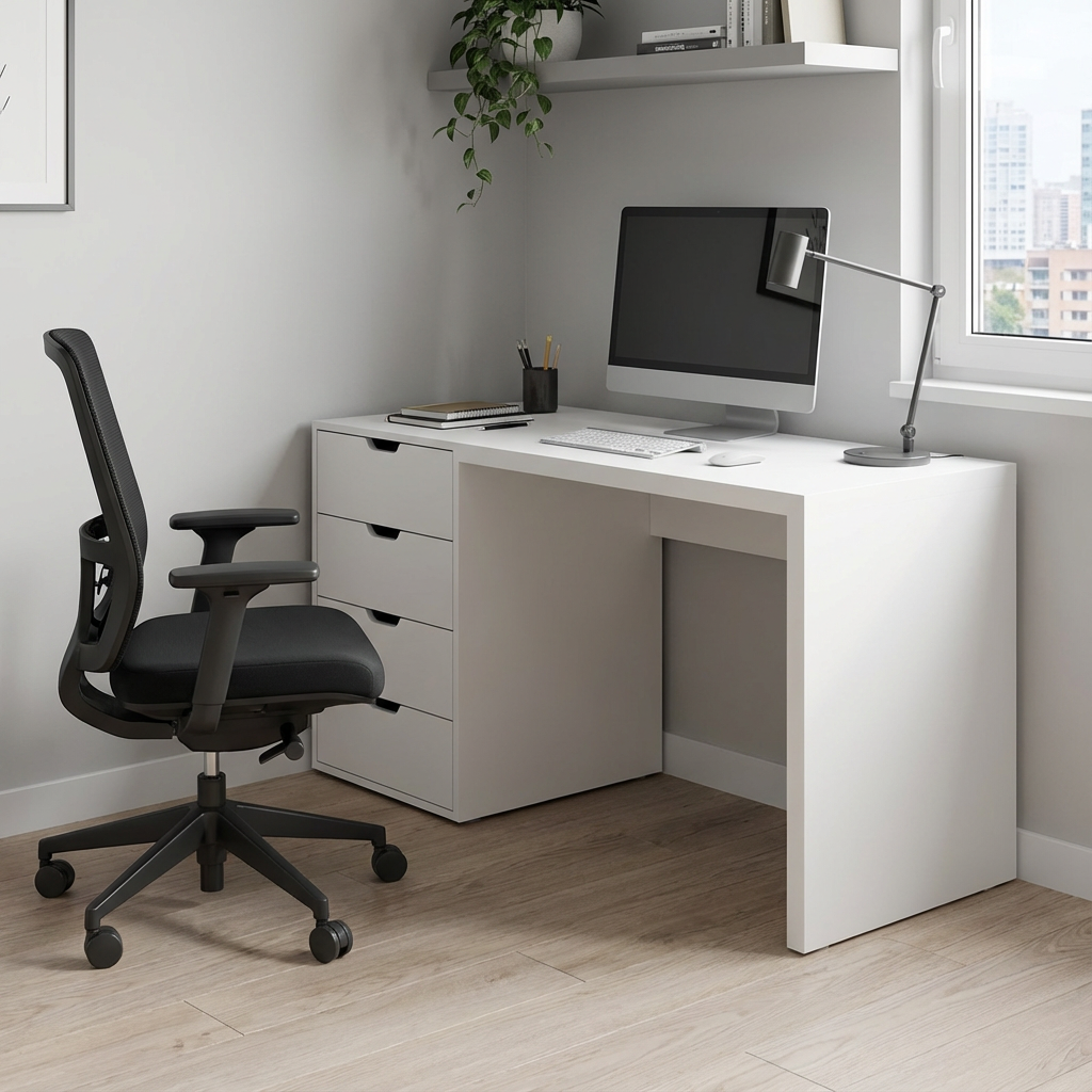 Escritorio Oporto, mostrado en una oficina, con silla ejecutiva,  hecho de madera con cajones integrados, acabado liso.