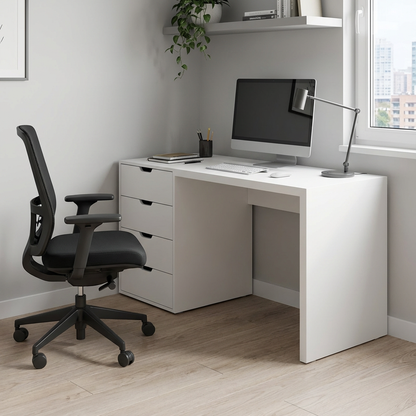 Escritorio Oporto, mostrado en una oficina, con silla ejecutiva,  hecho de madera con cajones integrados, acabado liso.