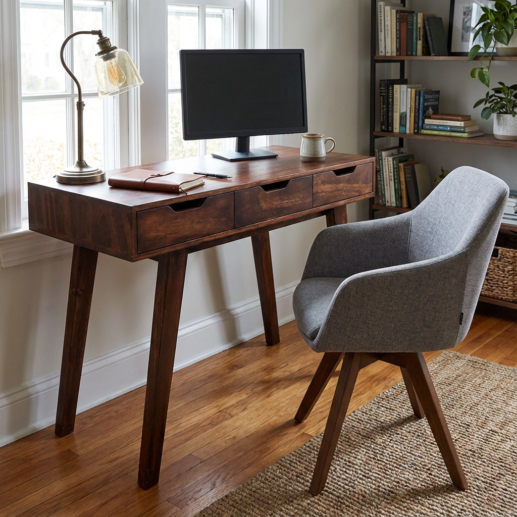 Escritorio Burg Nogal, artículo mostrado dentro de una oficina junto a una silla y accesorios.