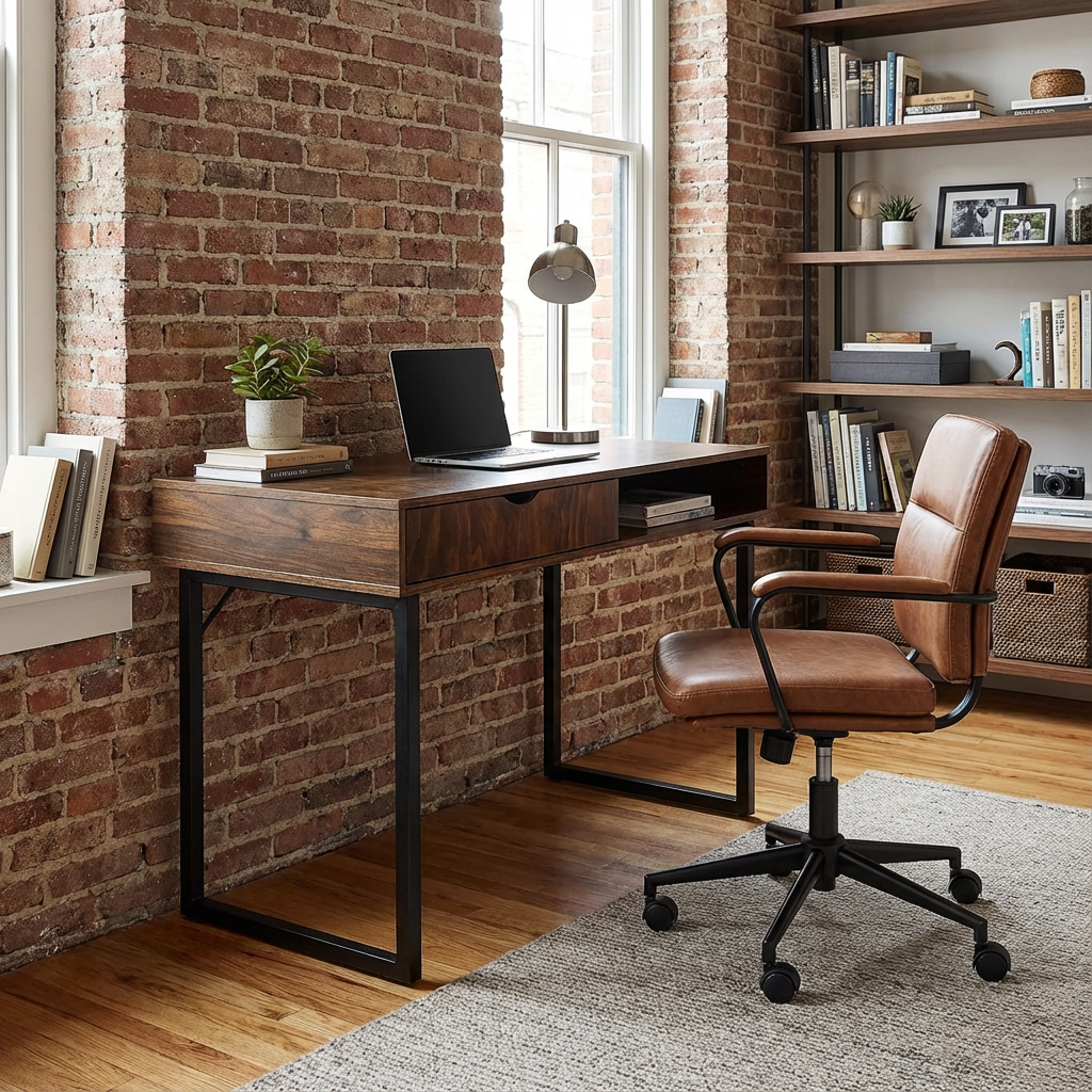 Escritorio Hannover, mostrado dentro de una oficina,  escritorio con compartimiento lateral y cajón integrados en café barnizado.