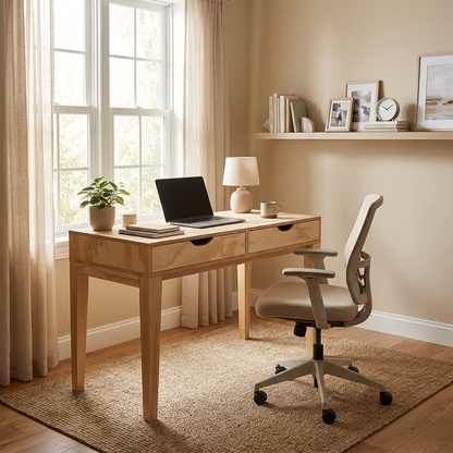 Escritorio Salamanca,con dos cajones integrados en madera natural, que aporta calidez y elegancia al espacio.