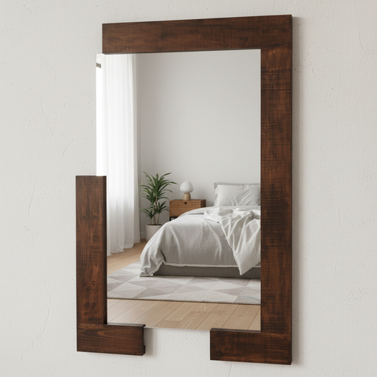 Espejo con marco de madera ubicado frente a una cama. 