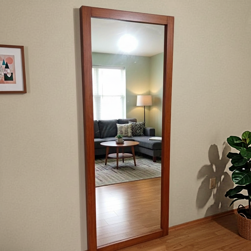 Espejo con marco de madera frente a una sala.