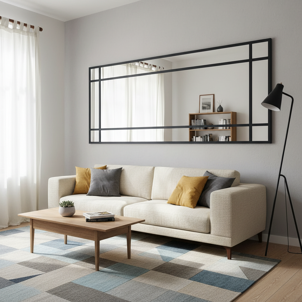 Espejo rectangular viendo su funcionalidad en una sala.