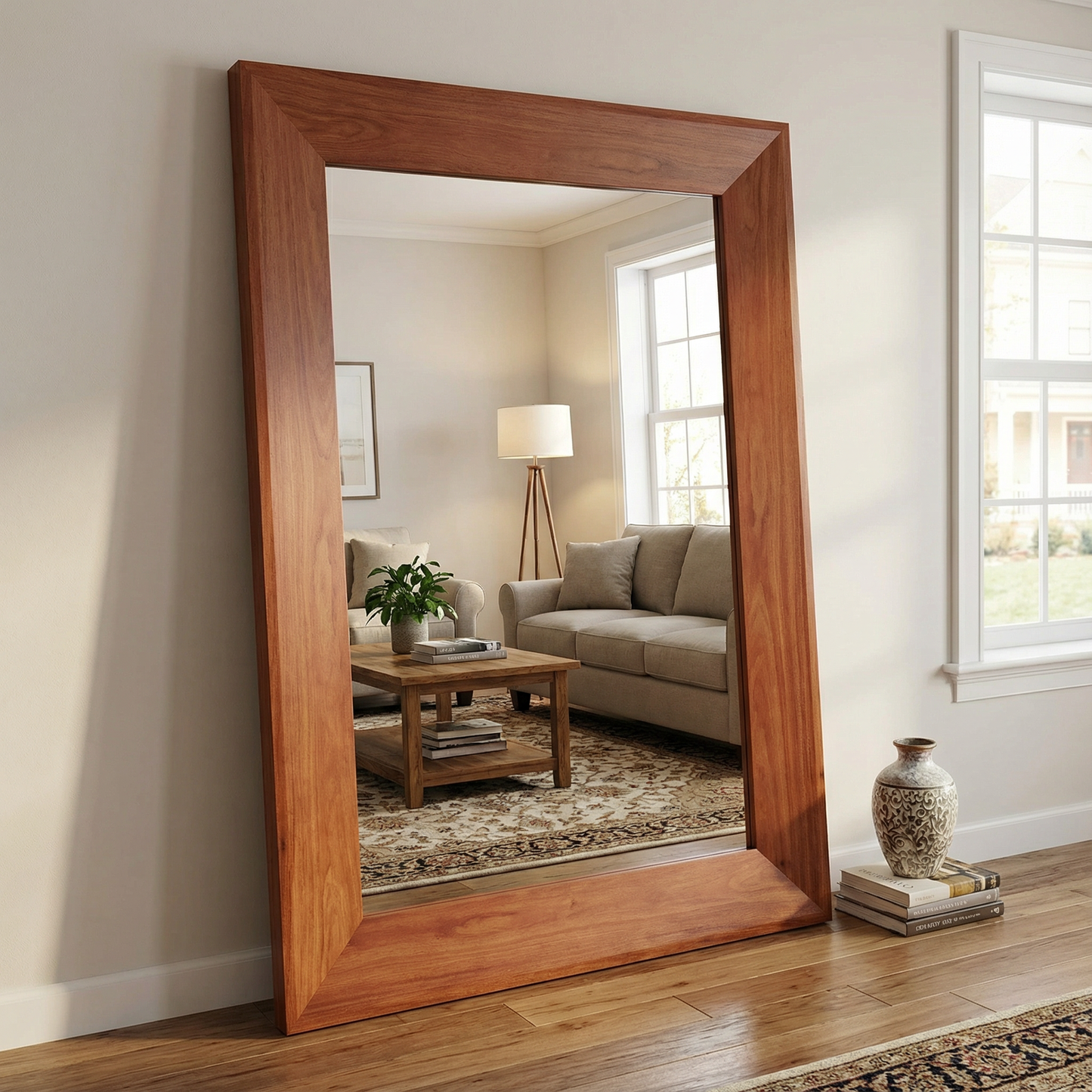 Espejo gigante con marco de madera, frente a una sala.