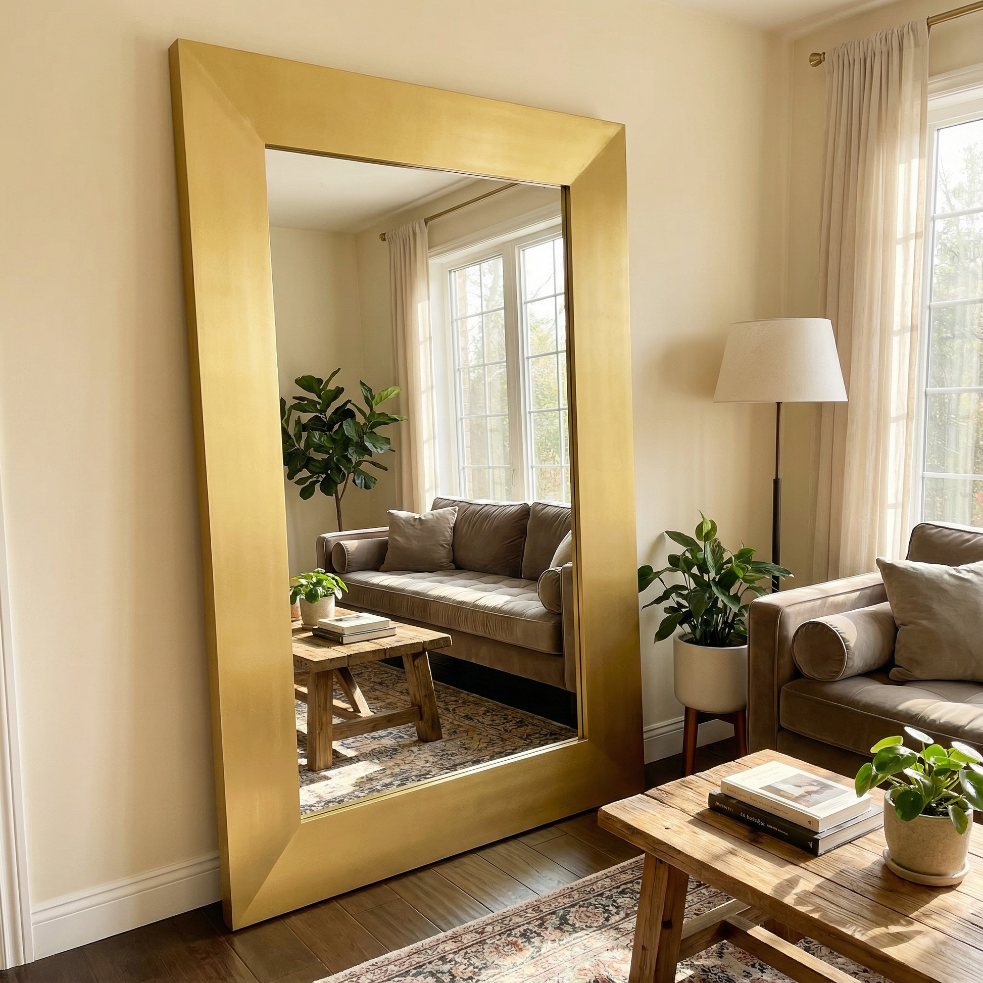 Espejo gigante con marco de metal, frente a una sala.