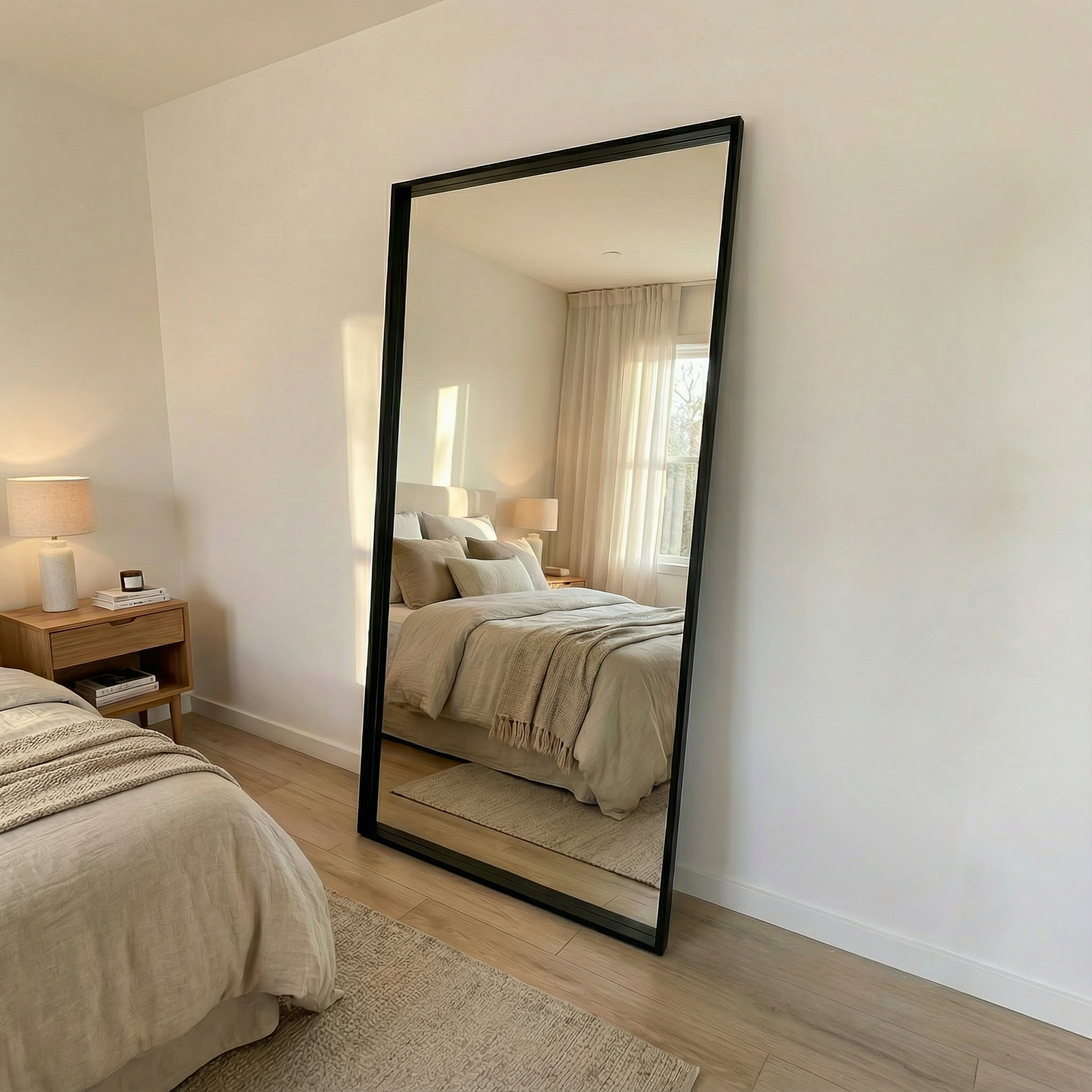 Espejo gigante dentro de una habitació, espejo con marco color negro.