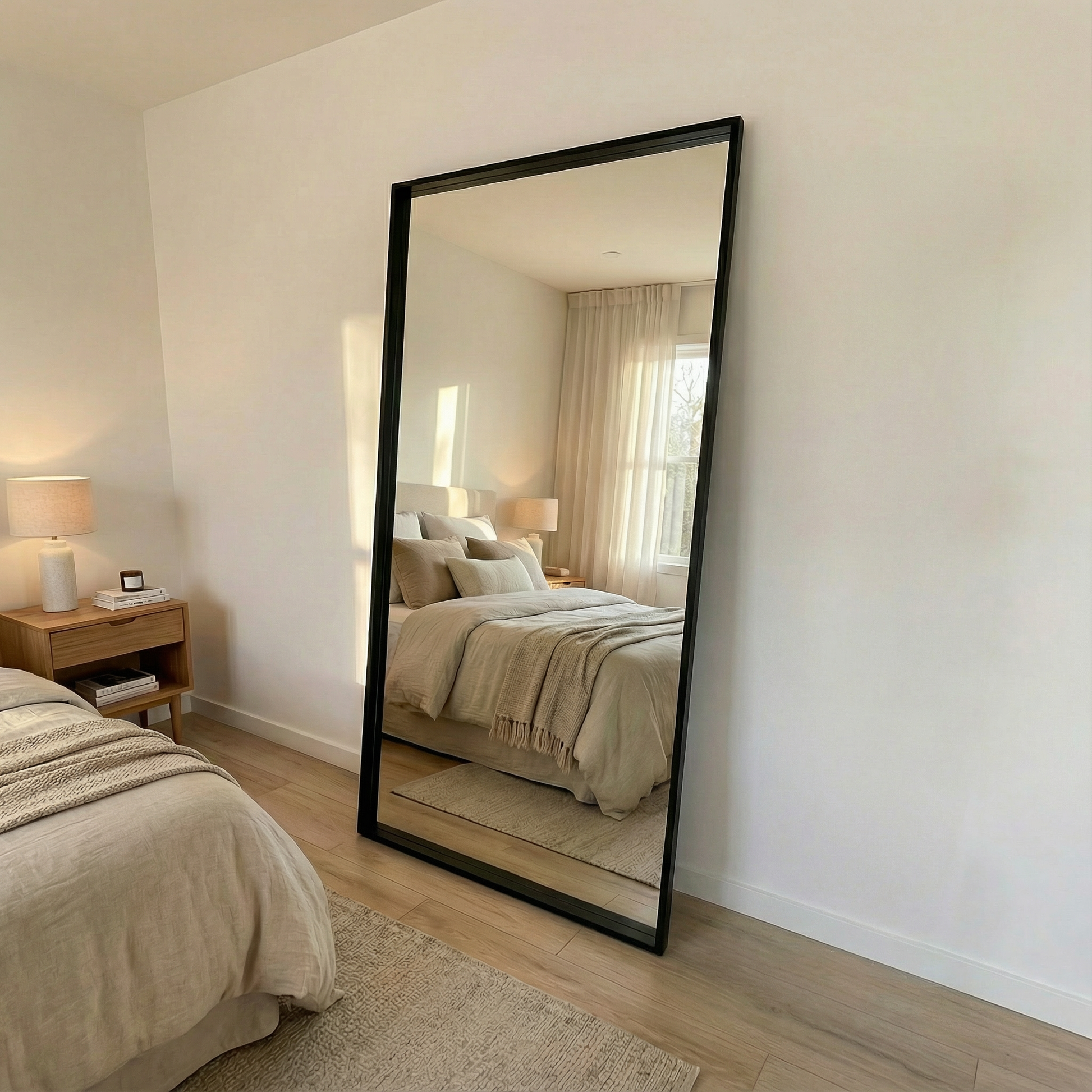 Espejo gigante dentro de una habitació, espejo con marco color negro.