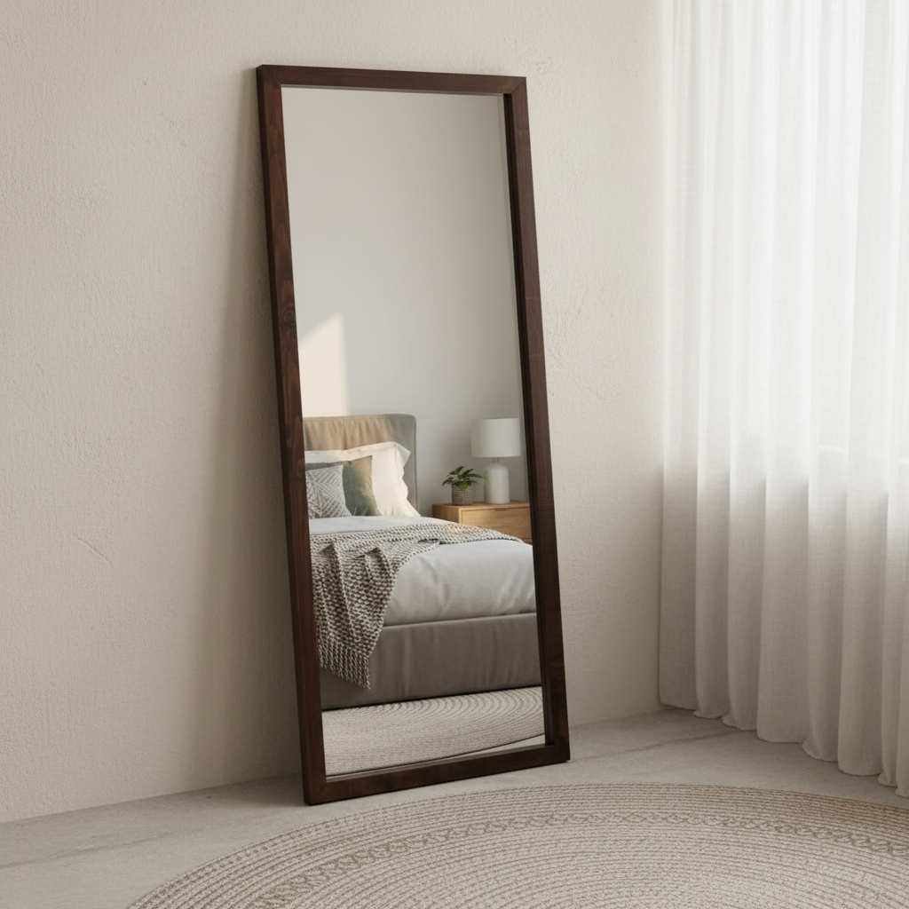 Espejo de pie dentro de una recámara, dando estilo y luz.