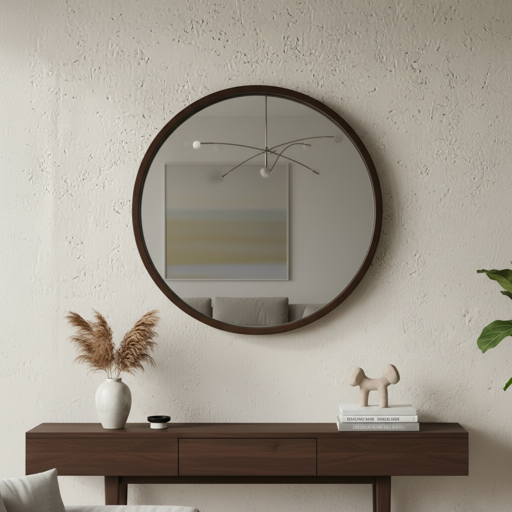Espejo redondo con marco de madera con vista frontal dentro de una sala.