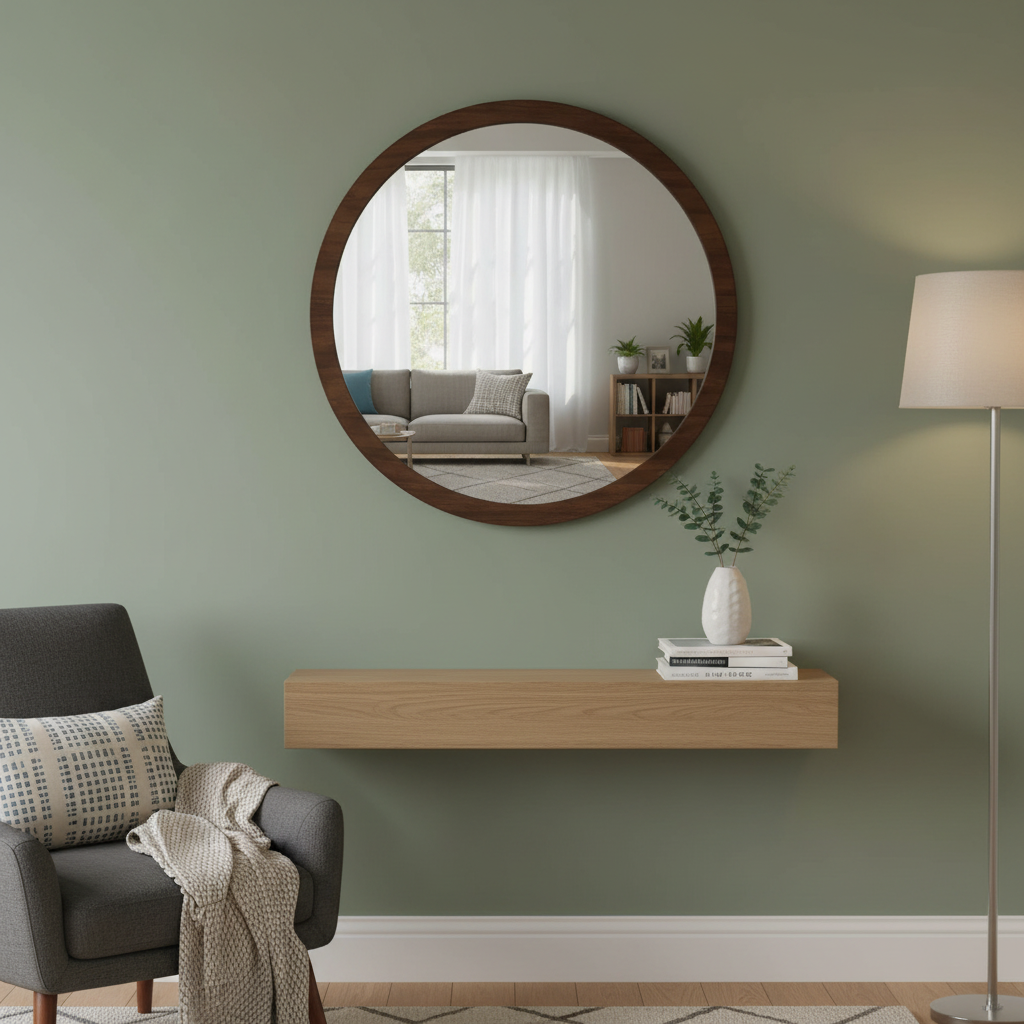 Espejo redondo con marco de madera frente a una sala.