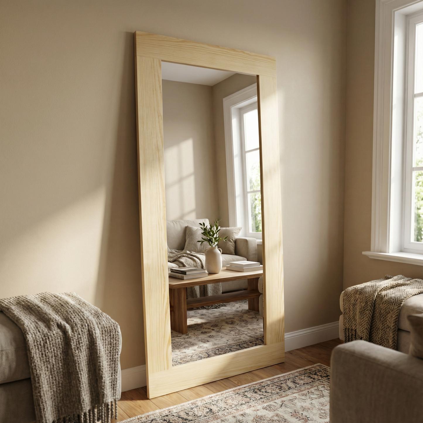 Espejo con marco natural, espejo dentro de una sala.