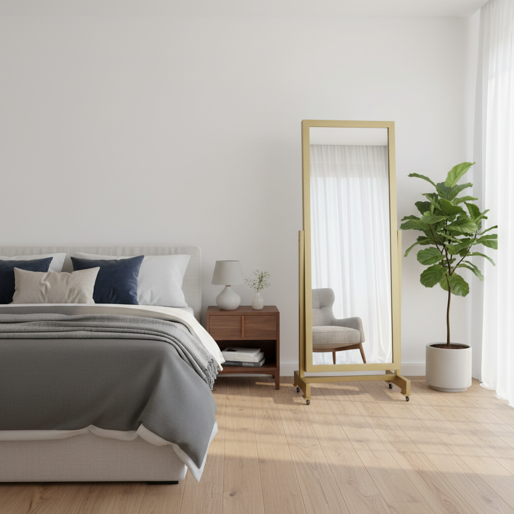 Espejo con base viendo su funcionalidad.