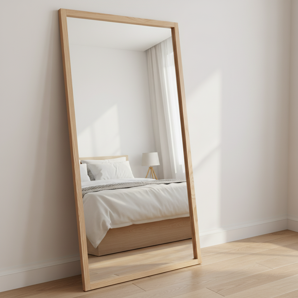 Espejo con marco de madera natural, frente a una cama dando luz y estilo.