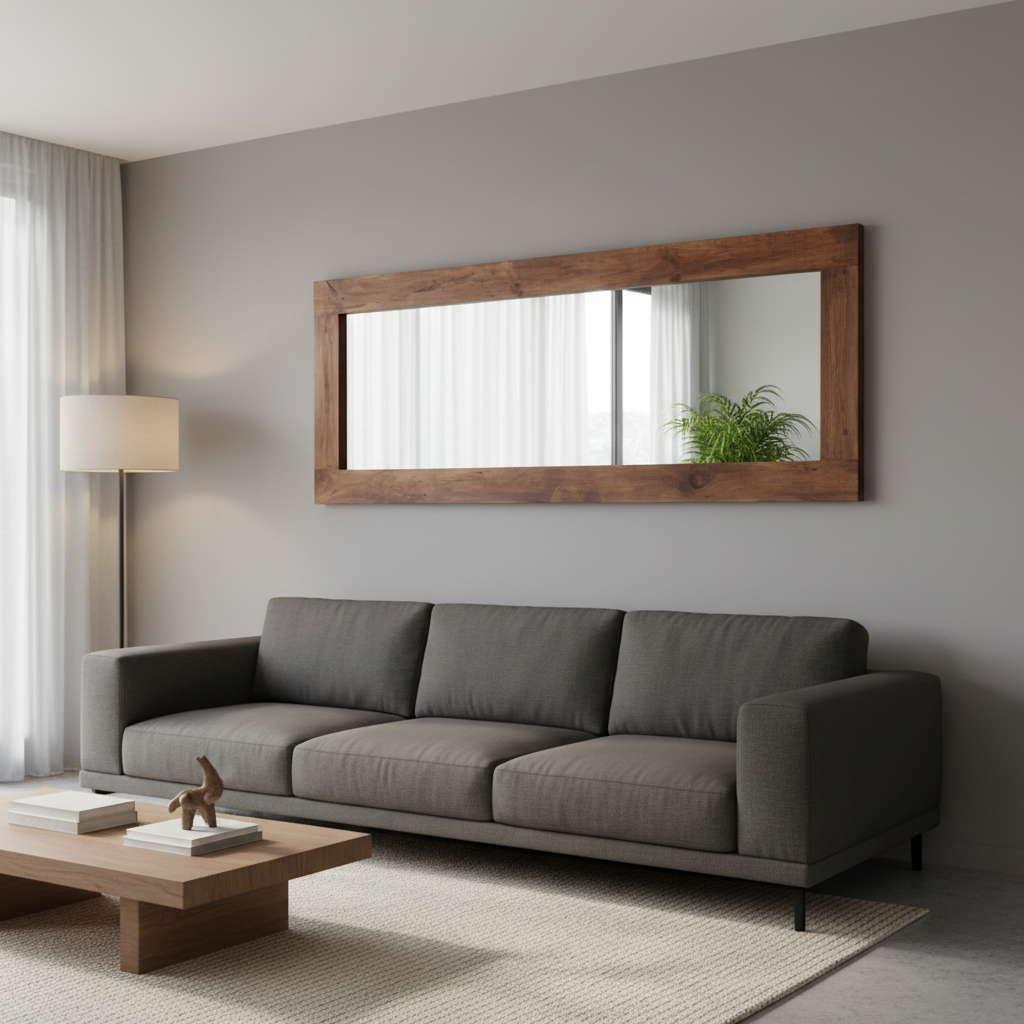 Espejo rectangular con marco de madera en una sala.