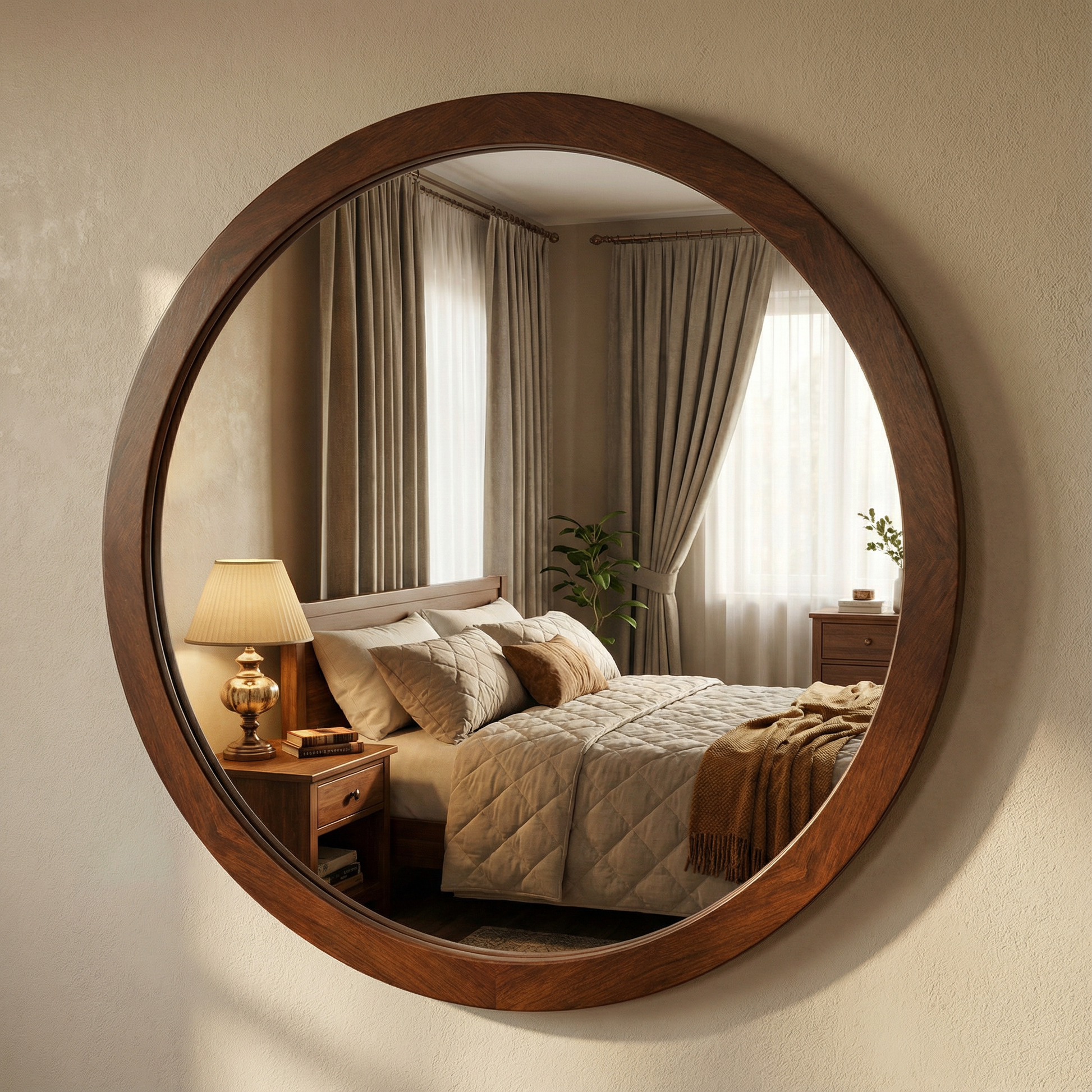 Espejo con marco de madera, pegado a la pared dentro de una habitación.