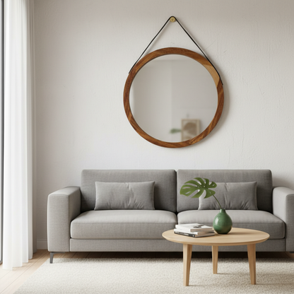 Espejo redondo con marco de madera  junto a un sillón, aportando estilo al espacio.