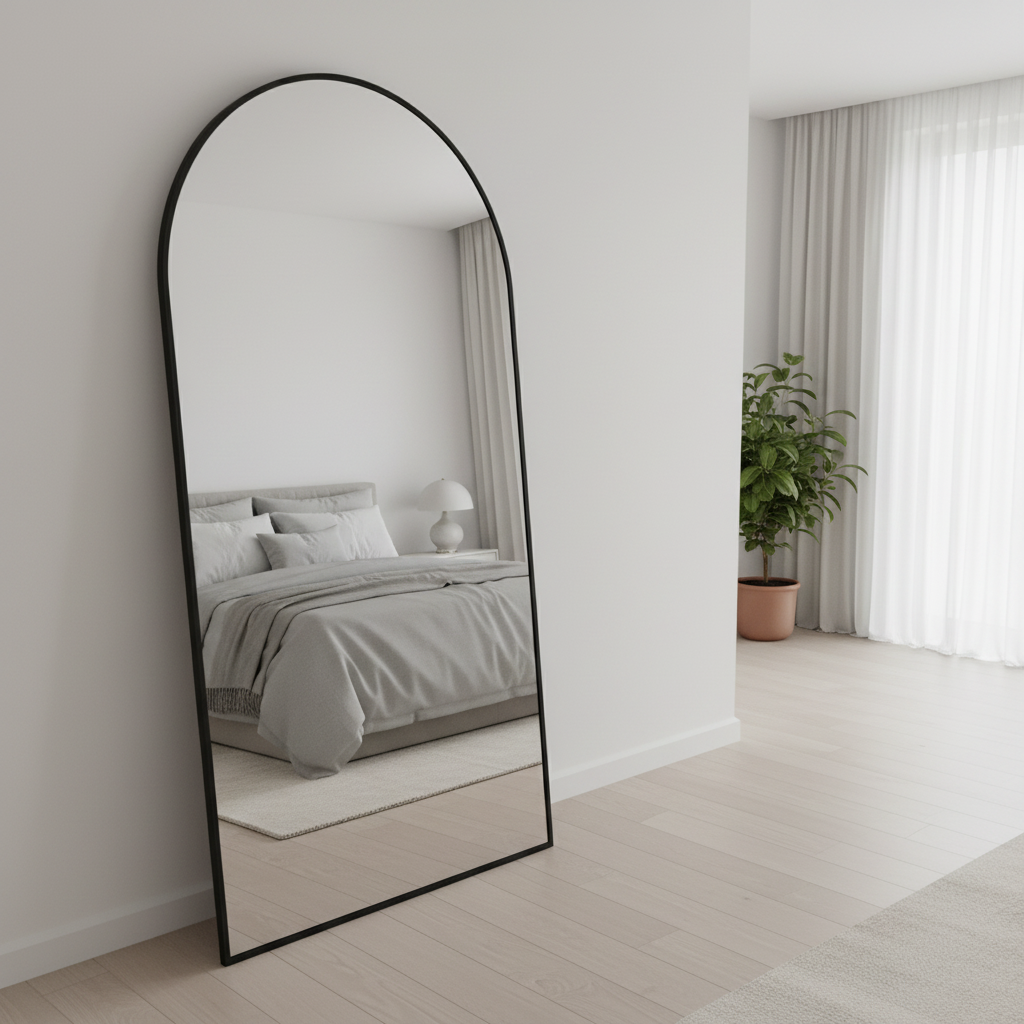 Espejo mediano ubicado frente a una cama con luz natural.