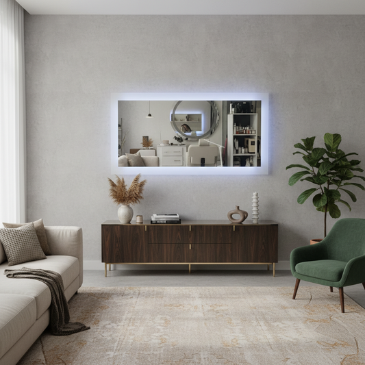 Espejo rectangular con luz. Con vista frontal