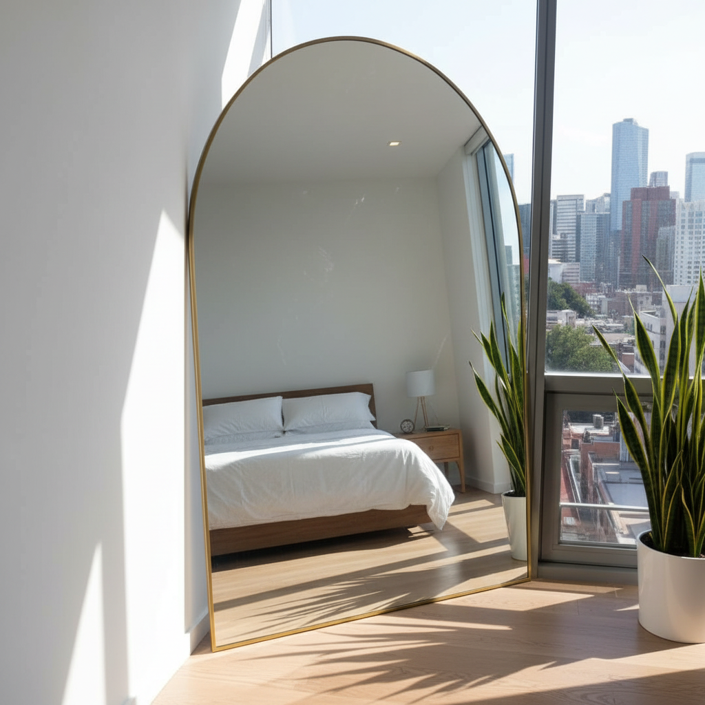 Espejo gigante con marco dorado dentro de una recámara.