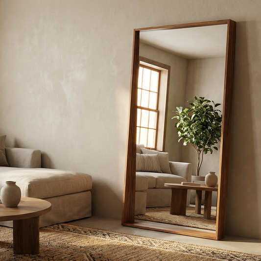 Espejo gigante con marco de madera frente a una sala.
