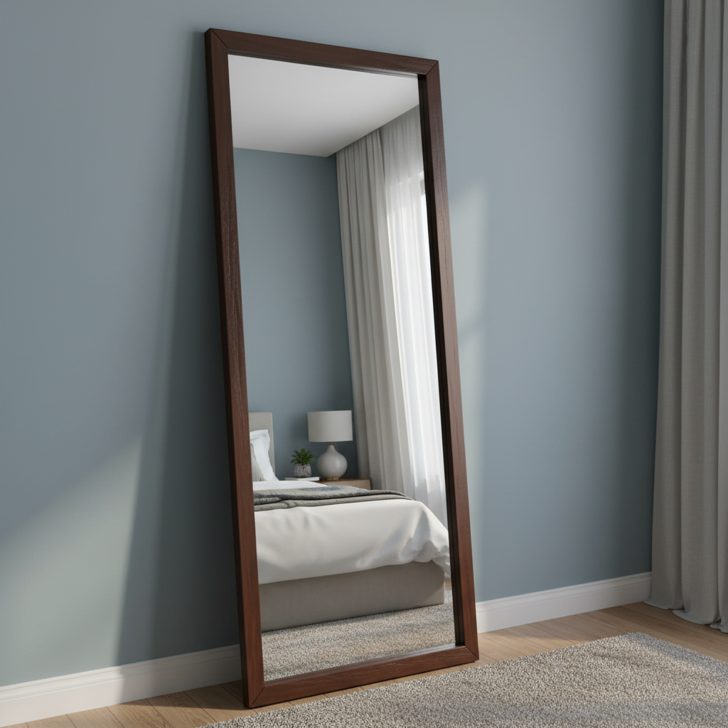 Espejo de pie con marco de madera, ubicada frente a una cama.