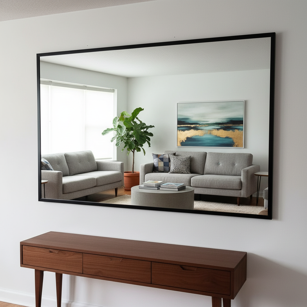 Espejo rectangular frente a una sala, viendo su funcionalidad.