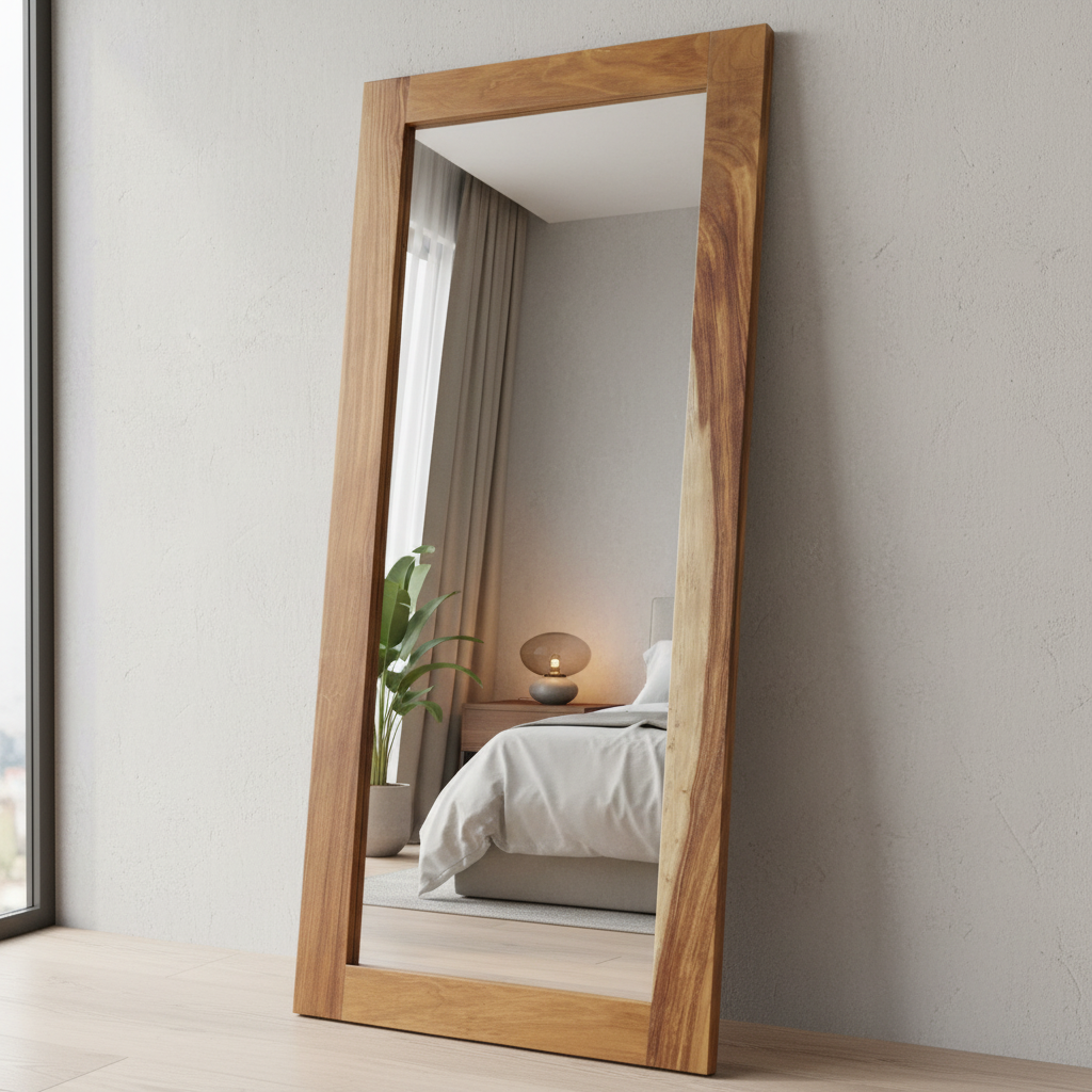 Espejo con marco en color parota sólida, ubicado frente a una cama.