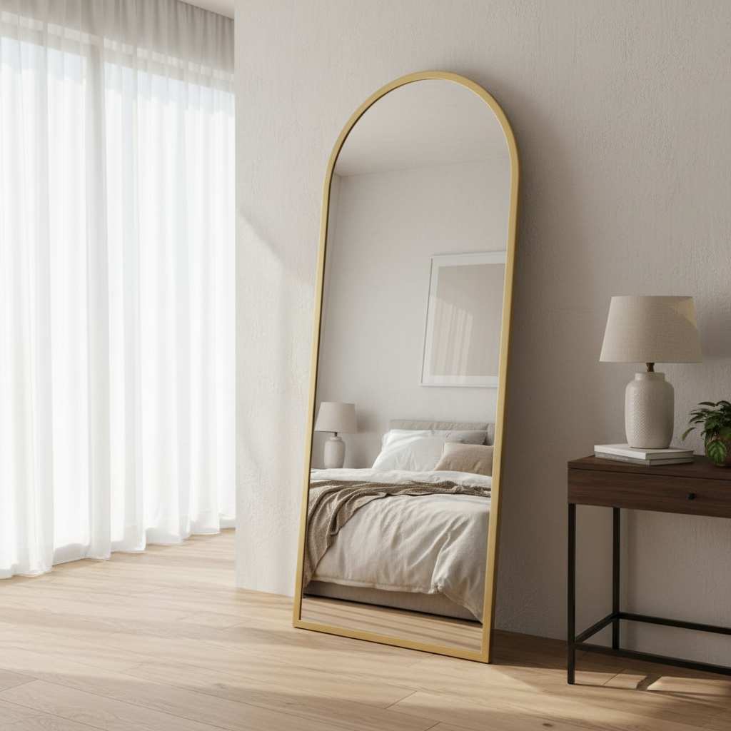 Espejo chico con marco dorado dentro de una recámara