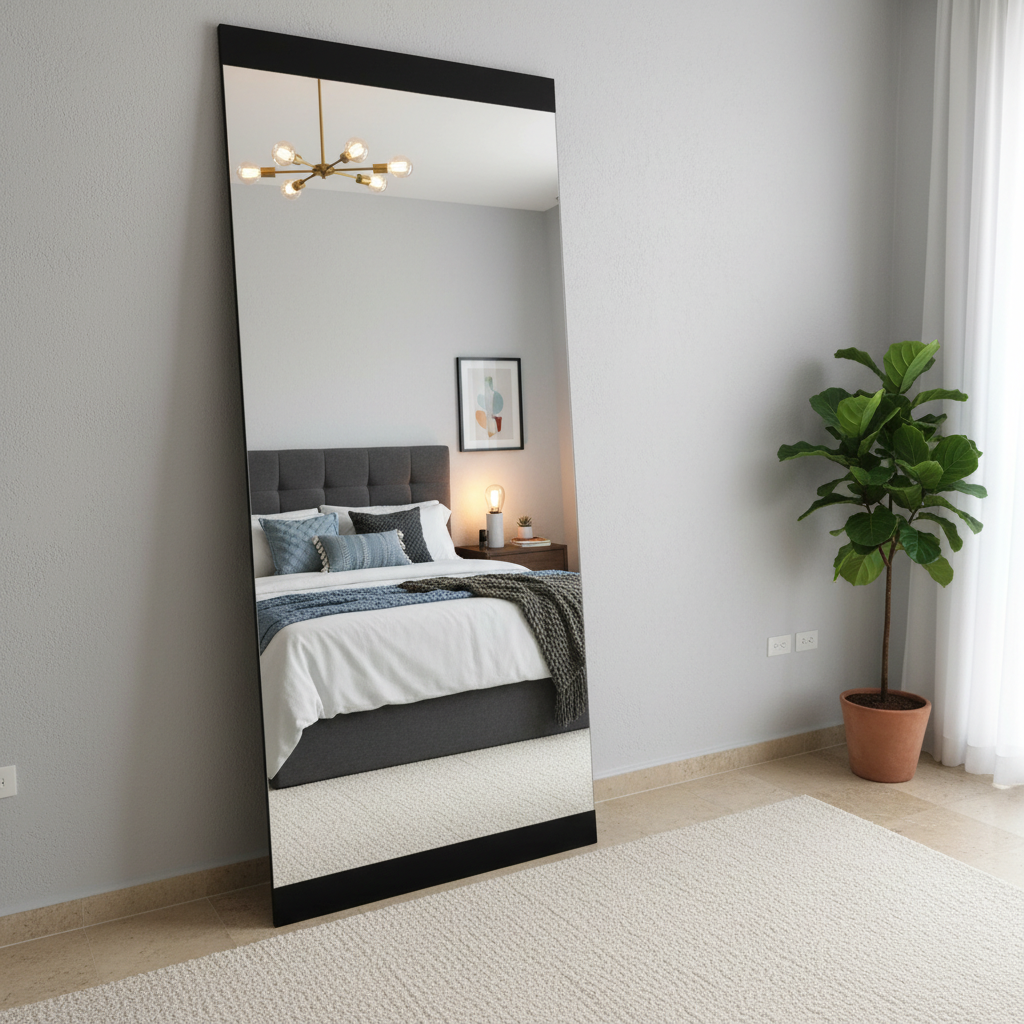 Espejo gigante frente a una cama, aportando luz y estilo a la habitacón.