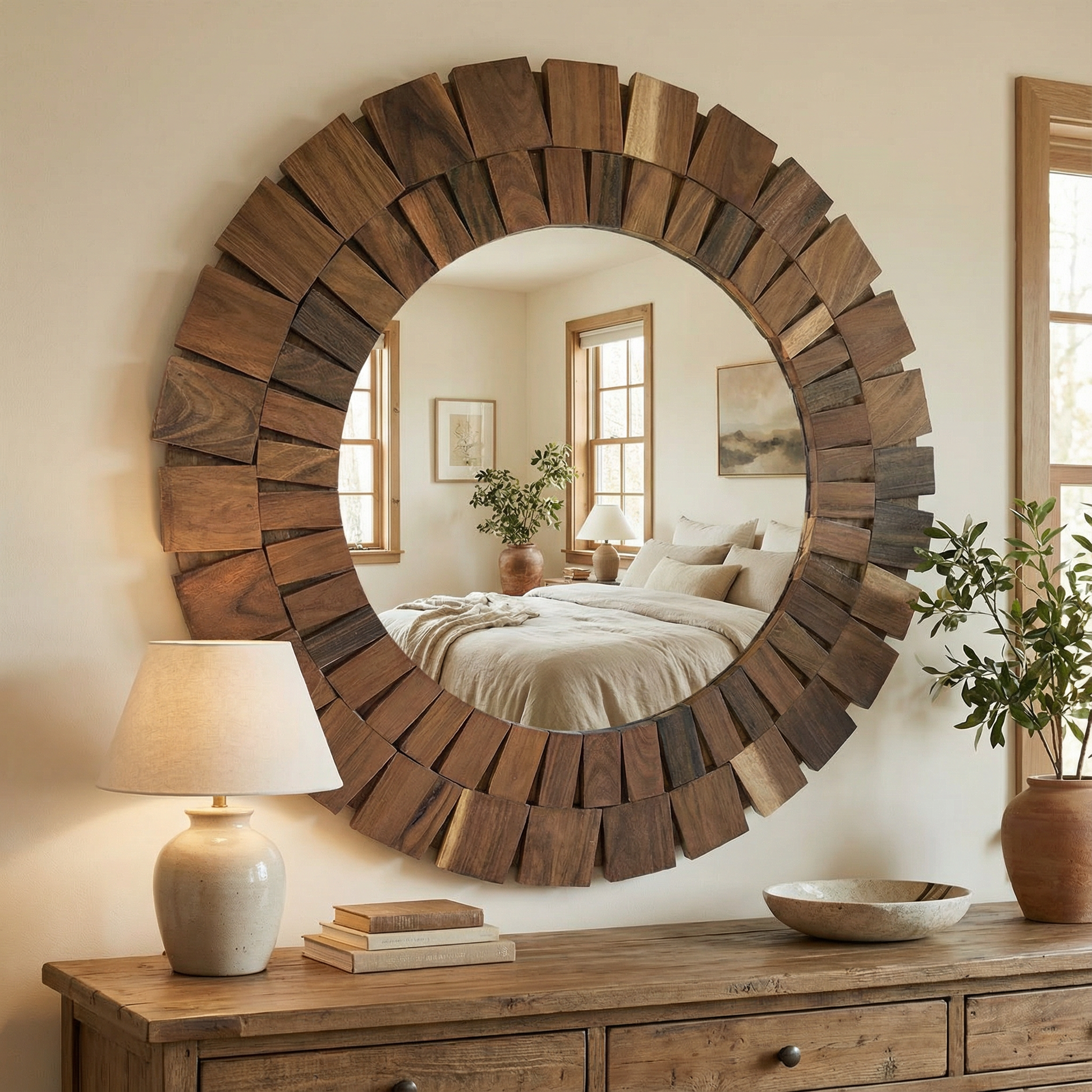 Espejo redondo con madera sólida de parota, espejo de pared dentro de una habitación.