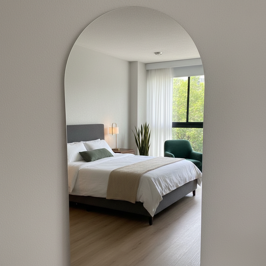 Espejo sin marco frente a una cama.