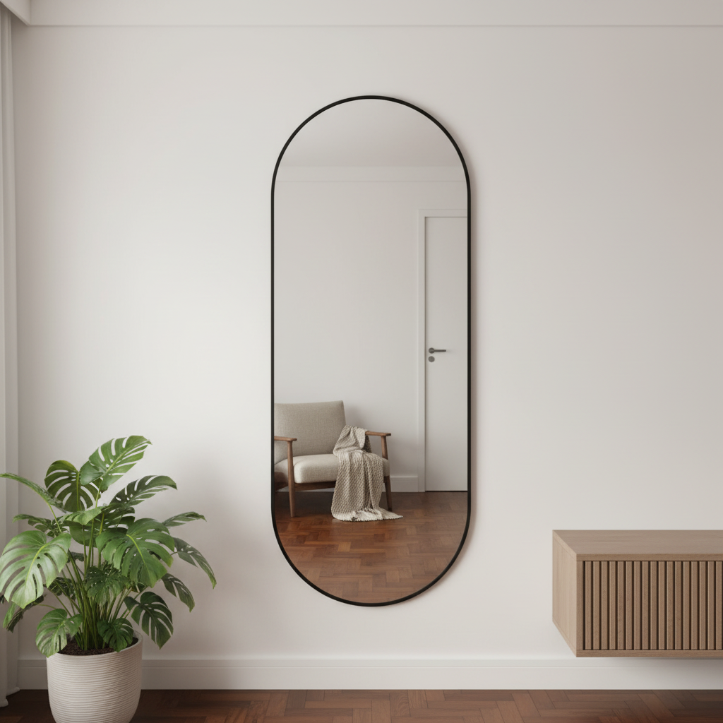 Espejo ovalado con marco negro ubicado en una habitación.