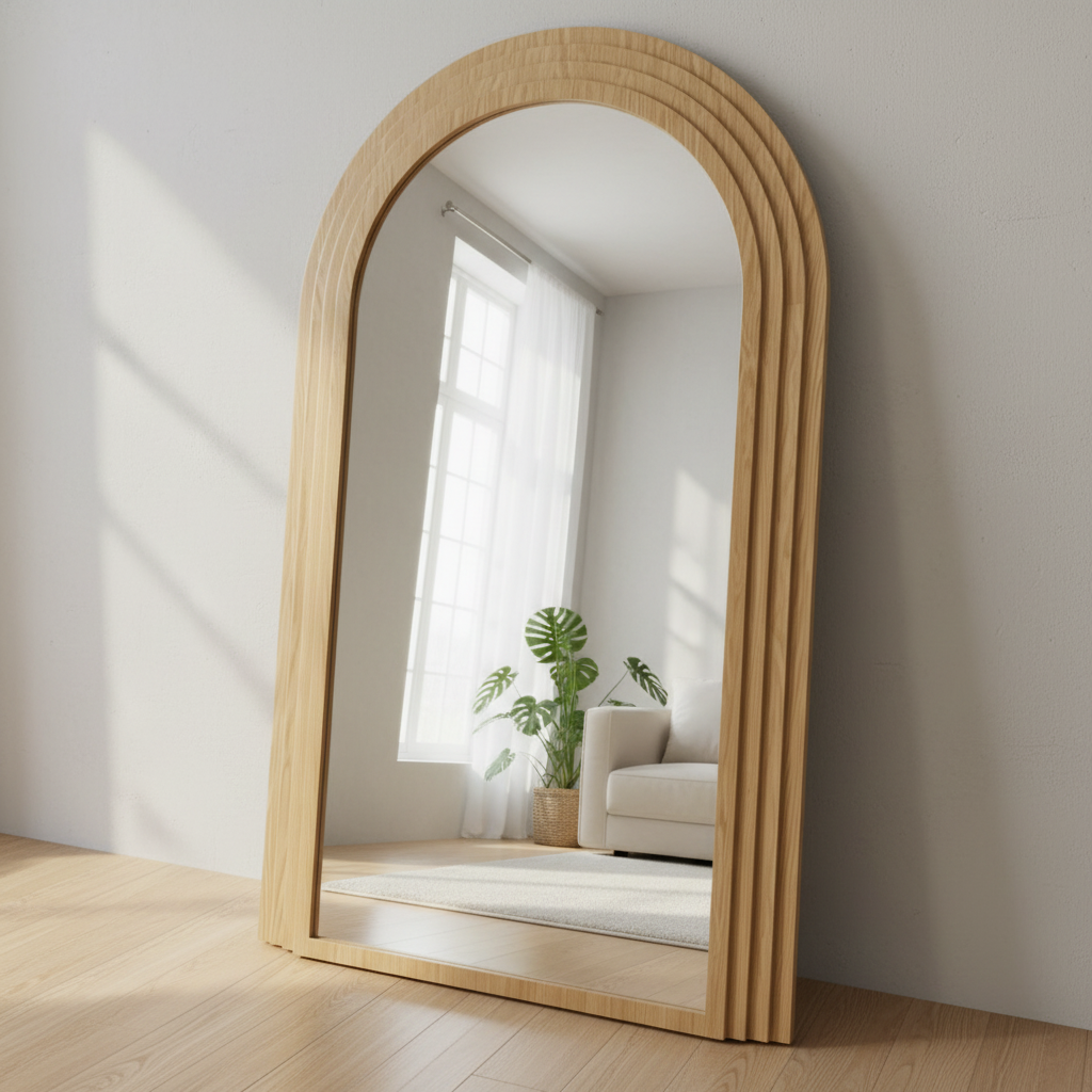 Espejo con marco de madera, dentro de una habitación.