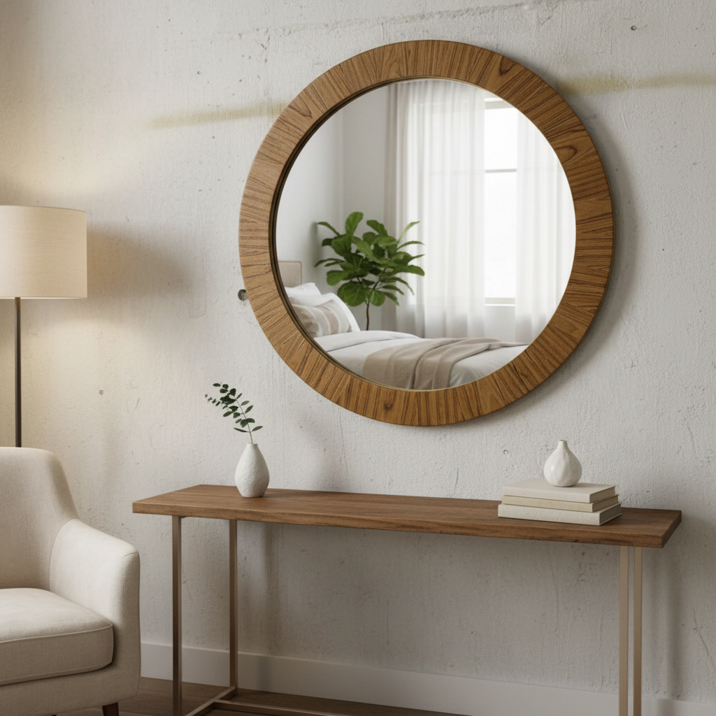 Espejo redondo con marco de madera dentro de una recámara.