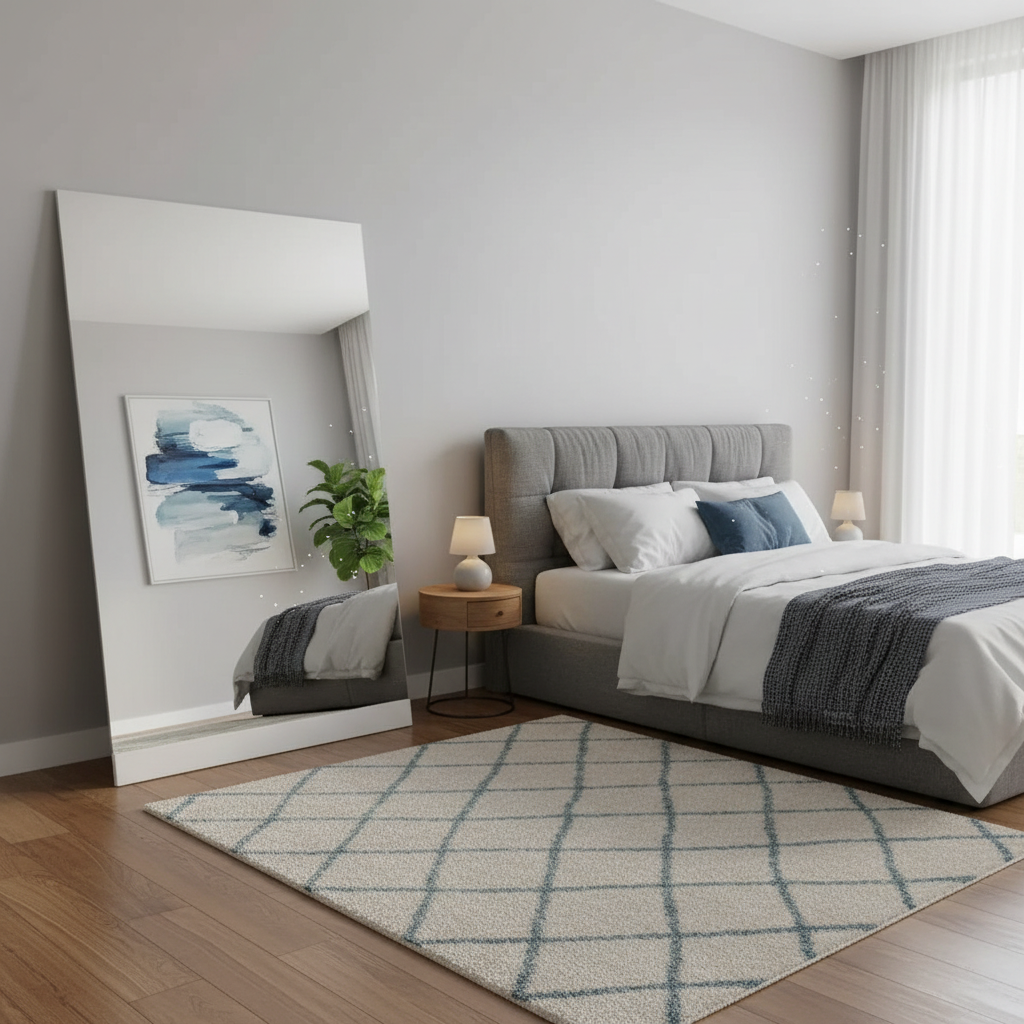 Espejo gigante con base inferior dentro de una recámara.