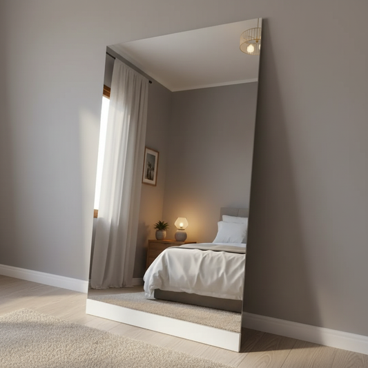 Espejo gigante con base inferior frente a una cama.